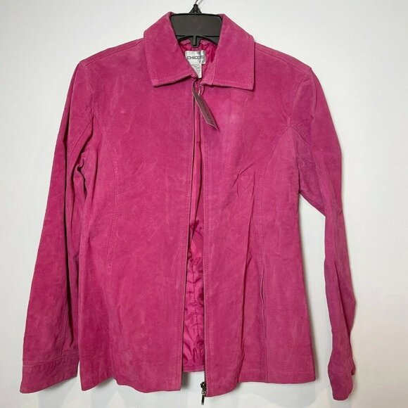 Chicos Womens Flagstaff Full Zip Suede Leather Jacket Pink Sz 0 Long Sleeve NWT - Picture 1 of 7